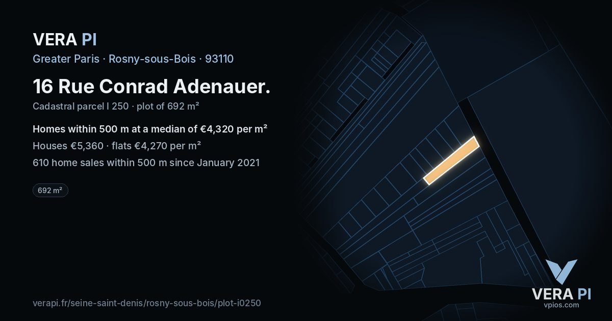 16 Rue Conrad Adenauer, Rosny-sous-Bois at night – the plot lit, the parcels around coloured by the prices near them