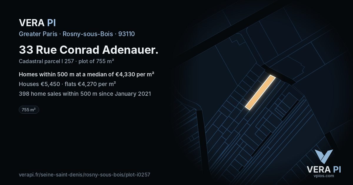 33 Rue Conrad Adenauer, Rosny-sous-Bois at night – the plot lit, the parcels around coloured by the prices near them
