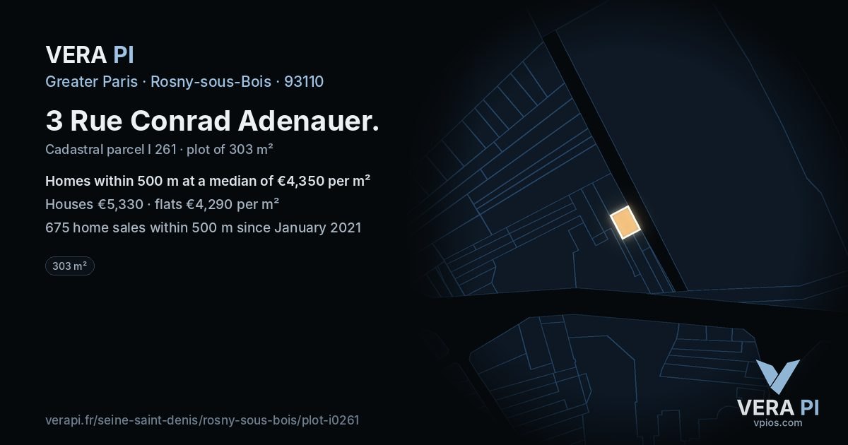 3 Rue Conrad Adenauer, Rosny-sous-Bois at night – the plot lit, the parcels around coloured by the prices near them