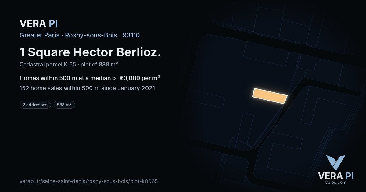 1 Square Hector Berlioz, Rosny-sous-Bois at night – the plot lit, the parcels around coloured by the prices near them