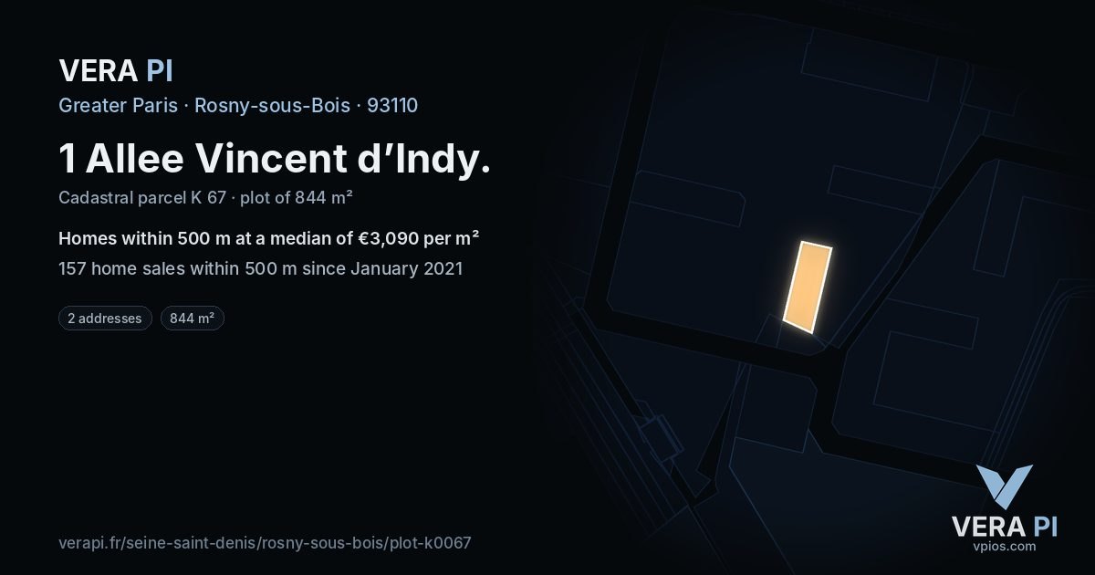 1 Allee Vincent d’Indy, Rosny-sous-Bois at night – the plot lit, the parcels around coloured by the prices near them