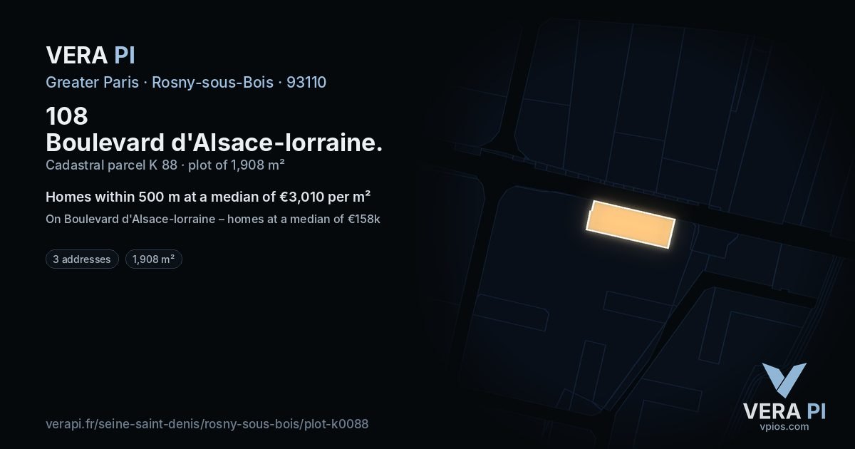 108 Boulevard d'Alsace-lorraine, Rosny-sous-Bois at night – the plot lit, the parcels around coloured by the prices near them