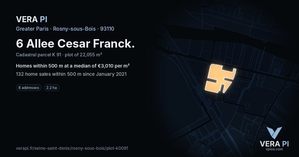 6 Allee Cesar Franck, Rosny-sous-Bois at night – the plot lit, the parcels around coloured by the prices near them