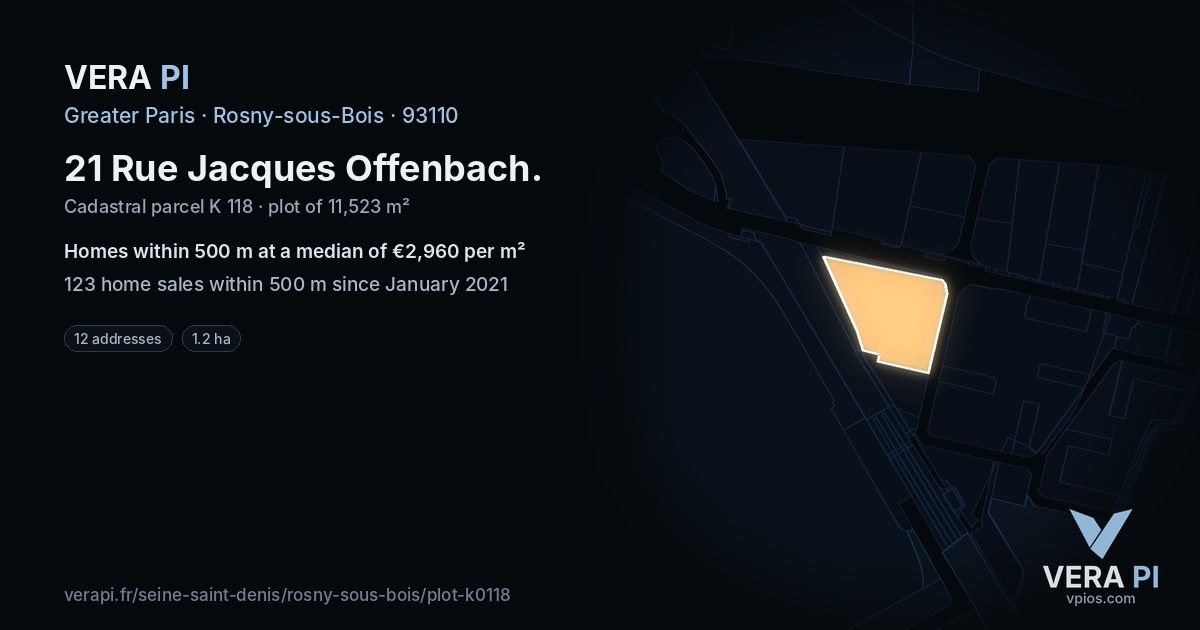 21 Rue Jacques Offenbach, Rosny-sous-Bois at night – the plot lit, the parcels around coloured by the prices near them