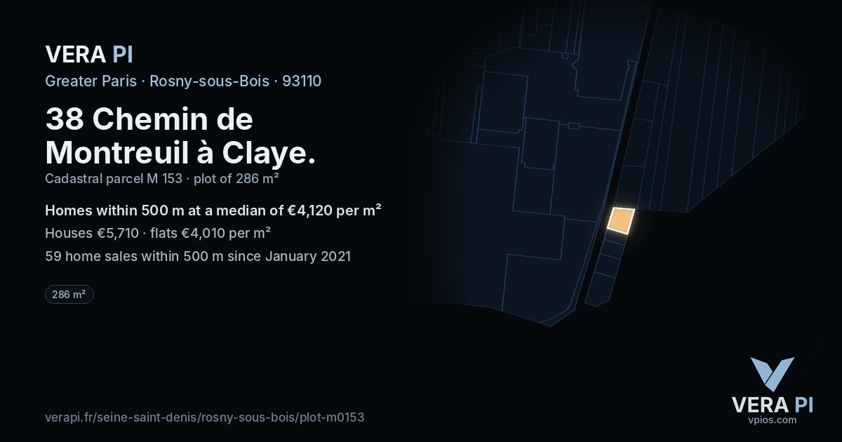 38 Chemin de Montreuil à Claye, Rosny-sous-Bois at night – the plot lit, the parcels around coloured by the prices near them