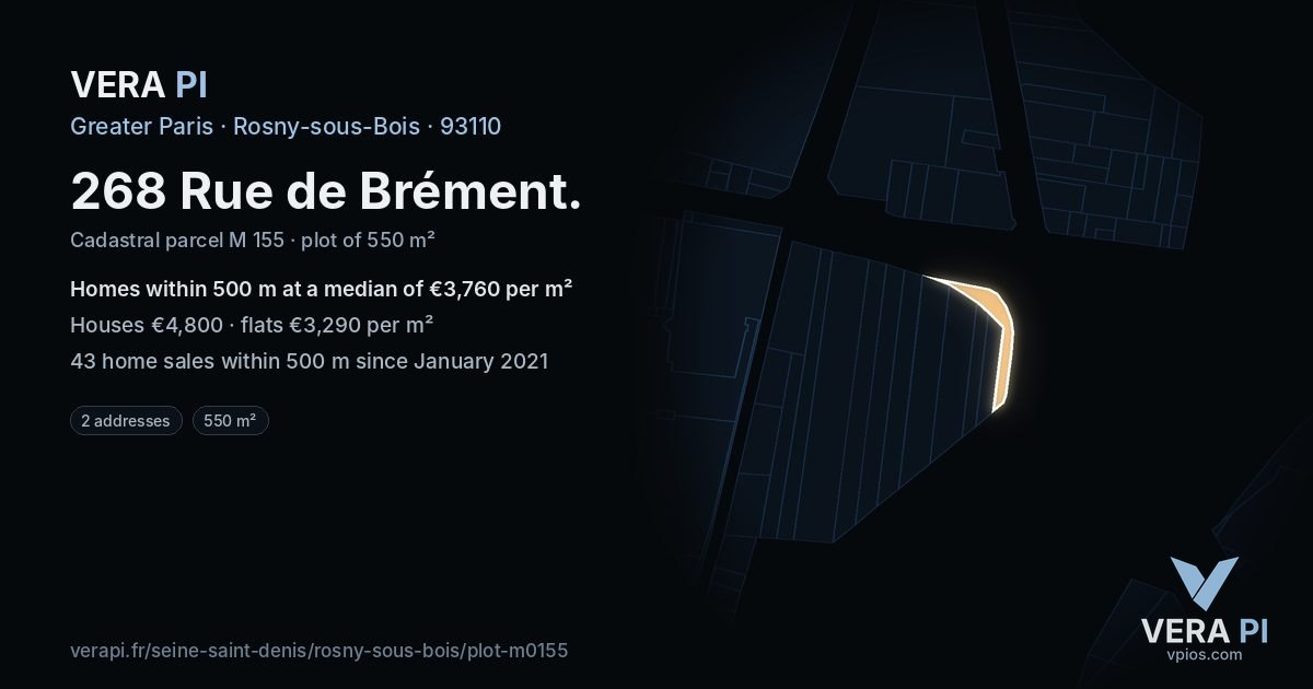 268 Rue de Brément, Rosny-sous-Bois at night – the plot lit, the parcels around coloured by the prices near them