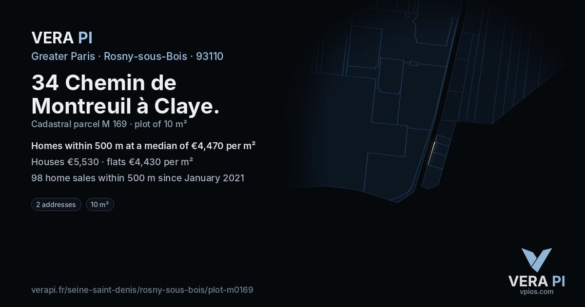 34 Chemin de Montreuil à Claye, Rosny-sous-Bois at night – the plot lit, the parcels around coloured by the prices near them
