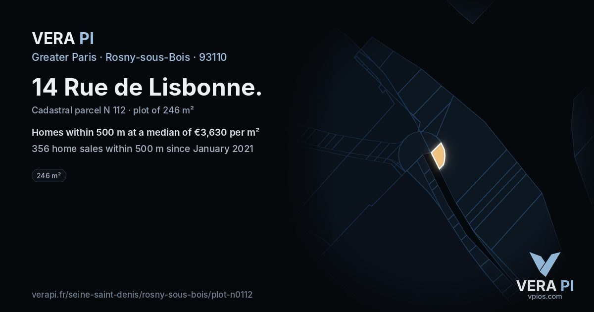 14 Rue de Lisbonne, Rosny-sous-Bois at night – the plot lit, the parcels around coloured by the prices near them