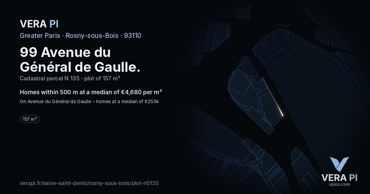 99 Avenue du Général de Gaulle, Rosny-sous-Bois at night – the plot lit, the parcels around coloured by the prices near them