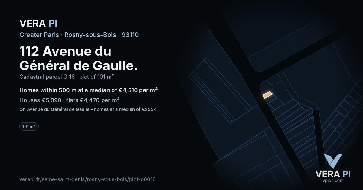 112 Avenue du Général de Gaulle, Rosny-sous-Bois at night – the plot lit, the parcels around coloured by the prices near them