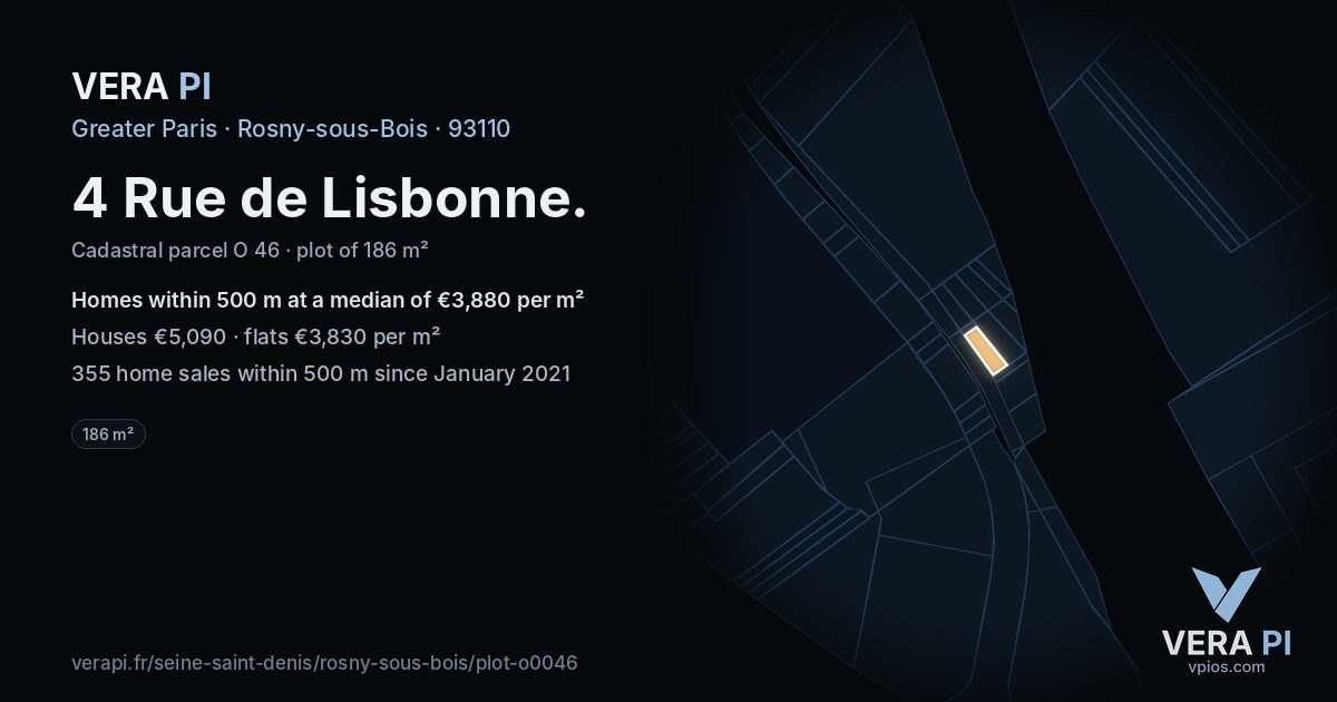 4 Rue de Lisbonne, Rosny-sous-Bois at night – the plot lit, the parcels around coloured by the prices near them
