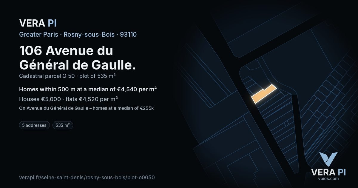 106 Avenue du Général de Gaulle, Rosny-sous-Bois at night – the plot lit, the parcels around coloured by the prices near them