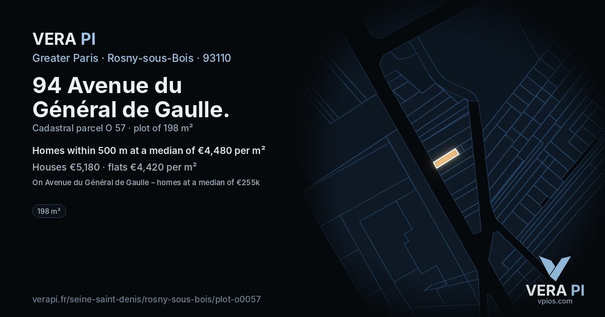 94 Avenue du Général de Gaulle, Rosny-sous-Bois at night – the plot lit, the parcels around coloured by the prices near them