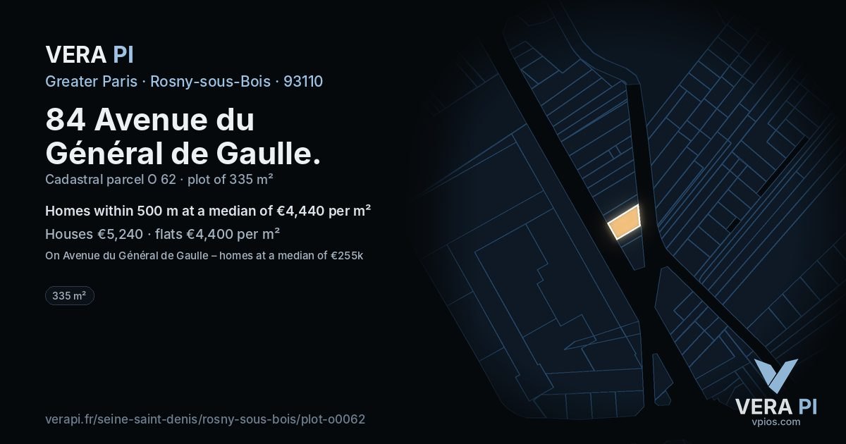 84 Avenue du Général de Gaulle, Rosny-sous-Bois at night – the plot lit, the parcels around coloured by the prices near them