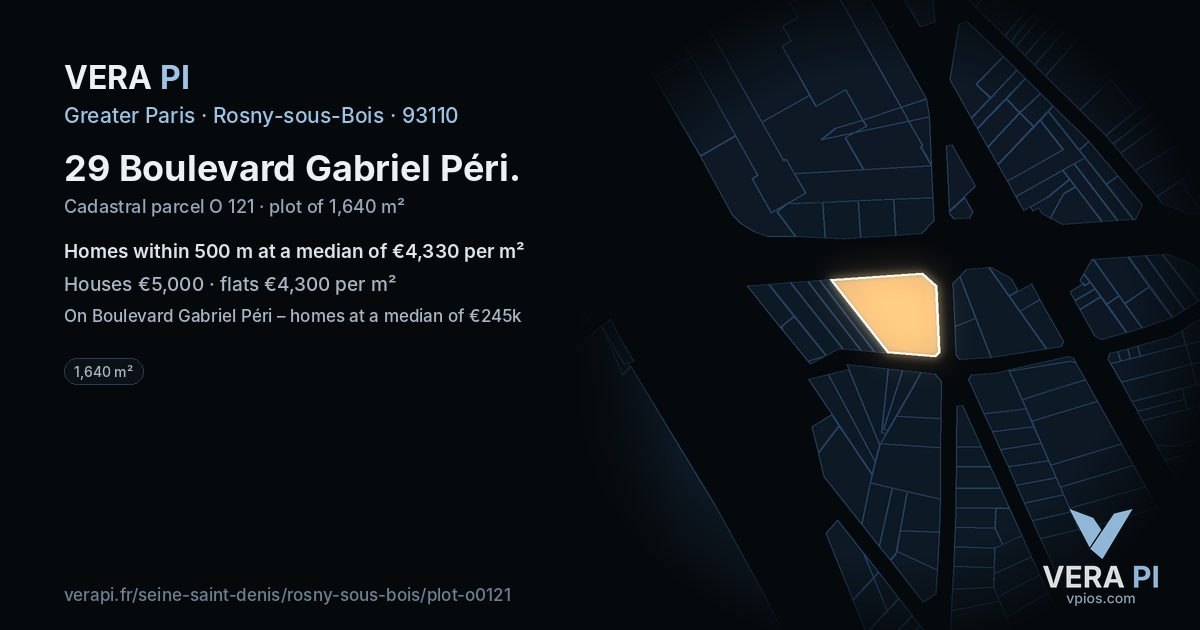 29 Boulevard Gabriel Péri, Rosny-sous-Bois at night – the plot lit, the parcels around coloured by the prices near them
