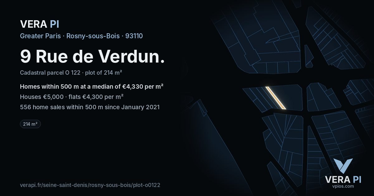 9 Rue de Verdun, Rosny-sous-Bois at night – the plot lit, the parcels around coloured by the prices near them