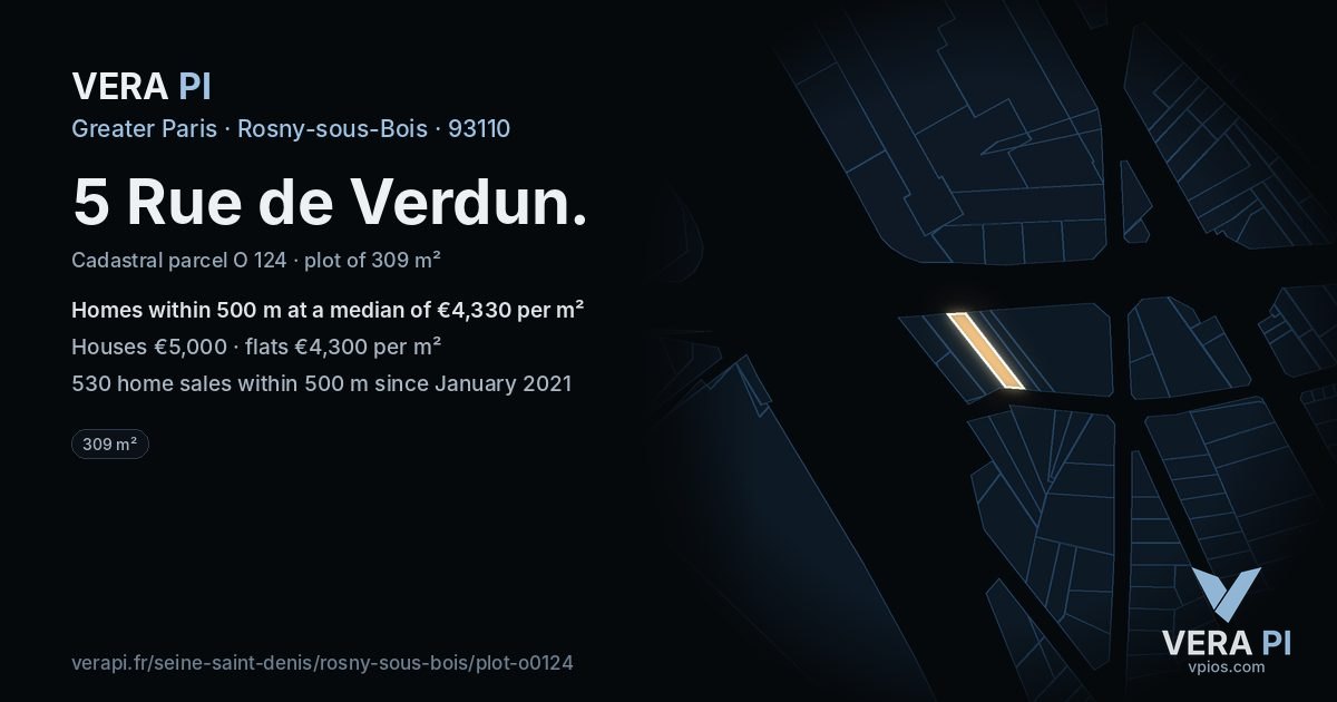 5 Rue de Verdun, Rosny-sous-Bois at night – the plot lit, the parcels around coloured by the prices near them