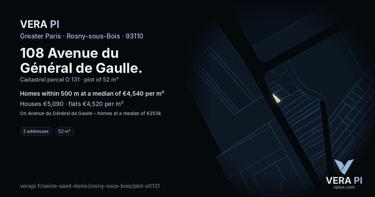 108 Avenue du Général de Gaulle, Rosny-sous-Bois at night – the plot lit, the parcels around coloured by the prices near them