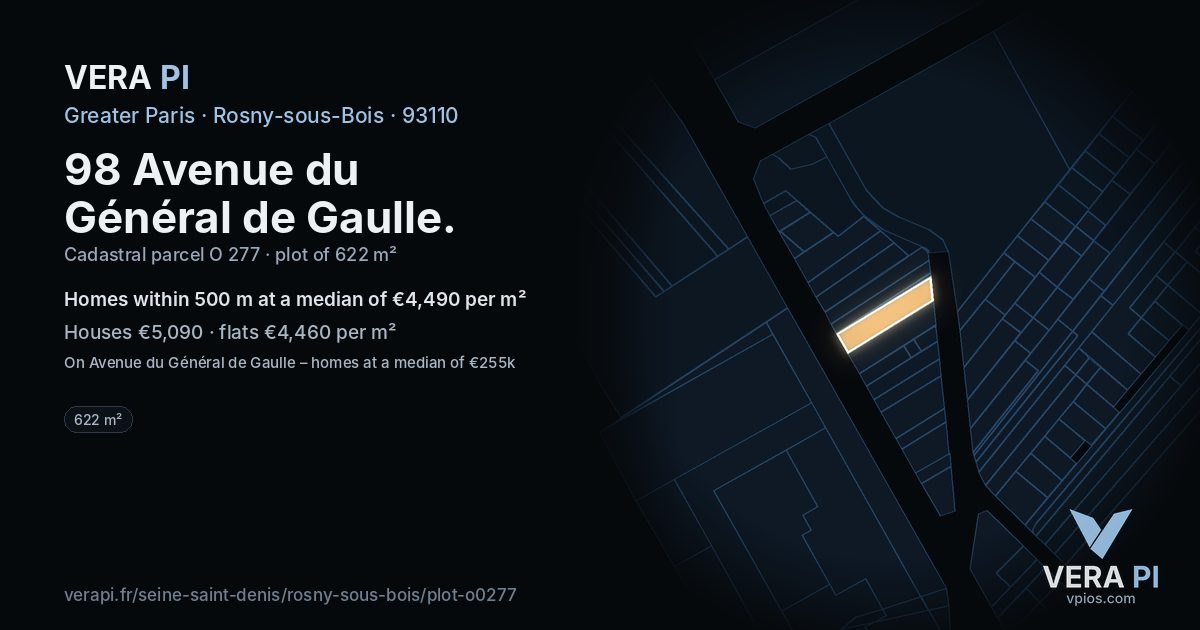 98 Avenue du Général de Gaulle, Rosny-sous-Bois at night – the plot lit, the parcels around coloured by the prices near them