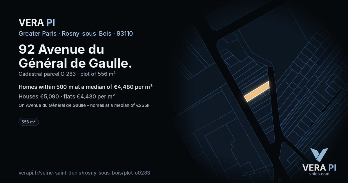 92 Avenue du Général de Gaulle, Rosny-sous-Bois at night – the plot lit, the parcels around coloured by the prices near them