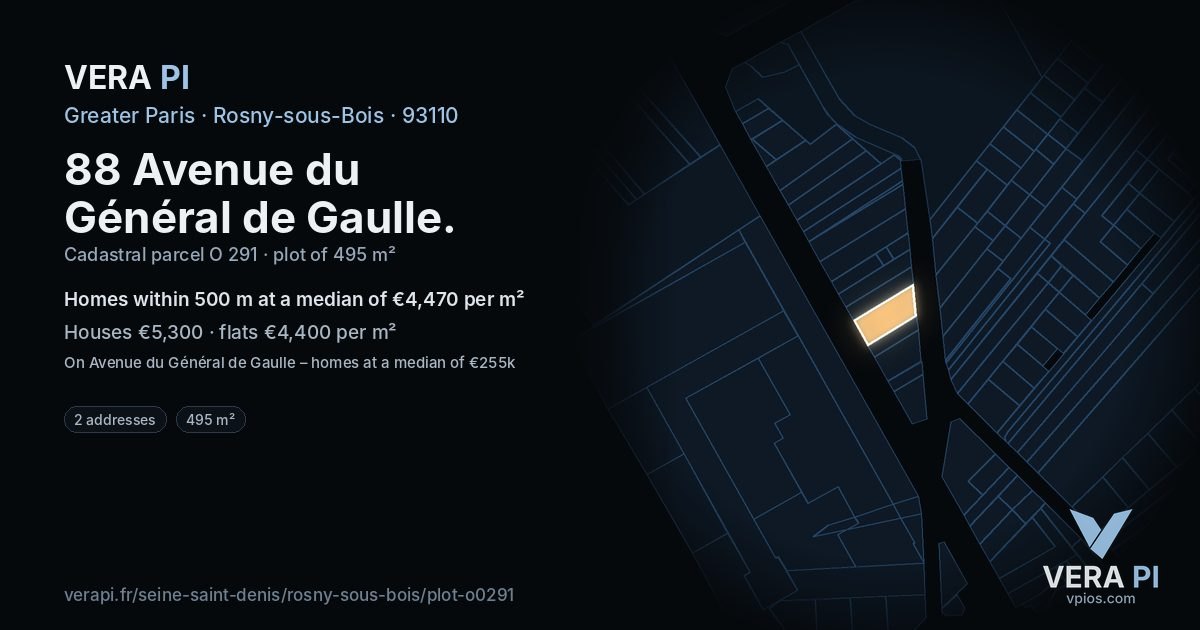 88 Avenue du Général de Gaulle, Rosny-sous-Bois at night – the plot lit, the parcels around coloured by the prices near them