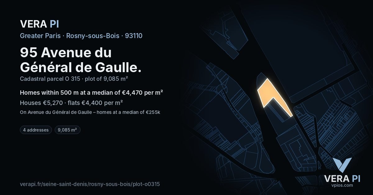 95 Avenue du Général de Gaulle, Rosny-sous-Bois at night – the plot lit, the parcels around coloured by the prices near them