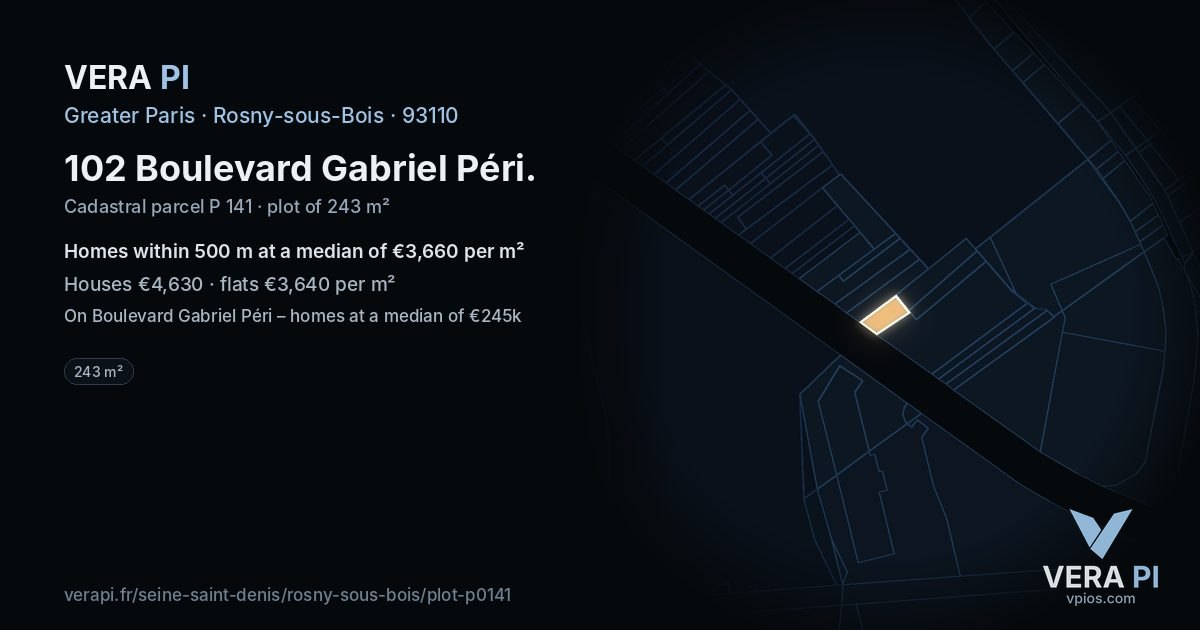 102 Boulevard Gabriel Péri, Rosny-sous-Bois at night – the plot lit, the parcels around coloured by the prices near them