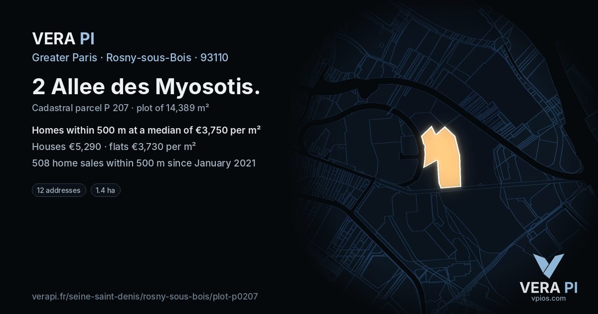 2 Allee des Myosotis, Rosny-sous-Bois at night – the plot lit, the parcels around coloured by the prices near them