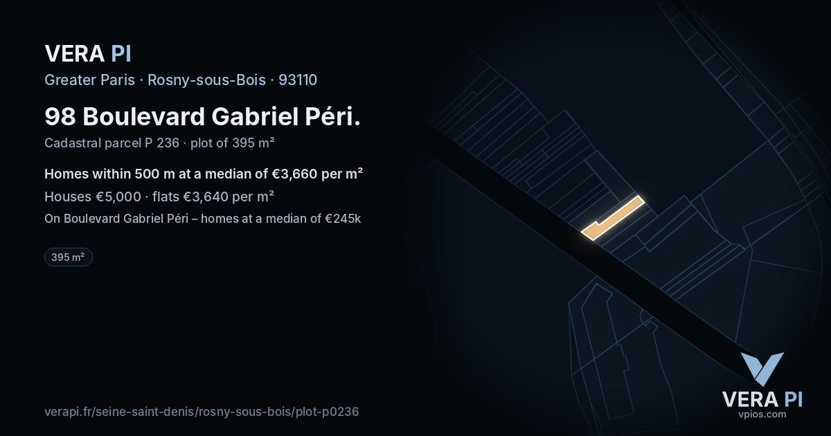98 Boulevard Gabriel Péri, Rosny-sous-Bois at night – the plot lit, the parcels around coloured by the prices near them