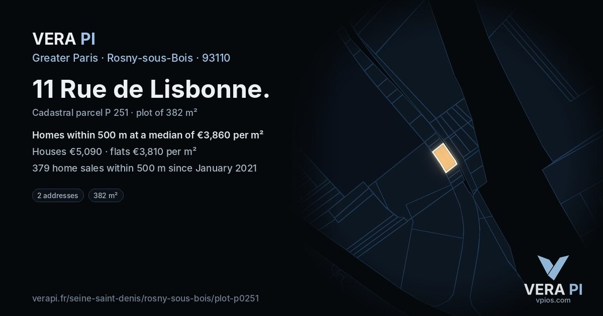 11 Rue de Lisbonne, Rosny-sous-Bois at night – the plot lit, the parcels around coloured by the prices near them