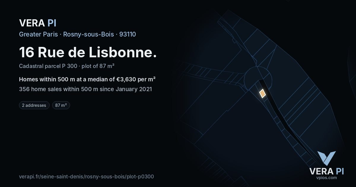 16 Rue de Lisbonne, Rosny-sous-Bois at night – the plot lit, the parcels around coloured by the prices near them
