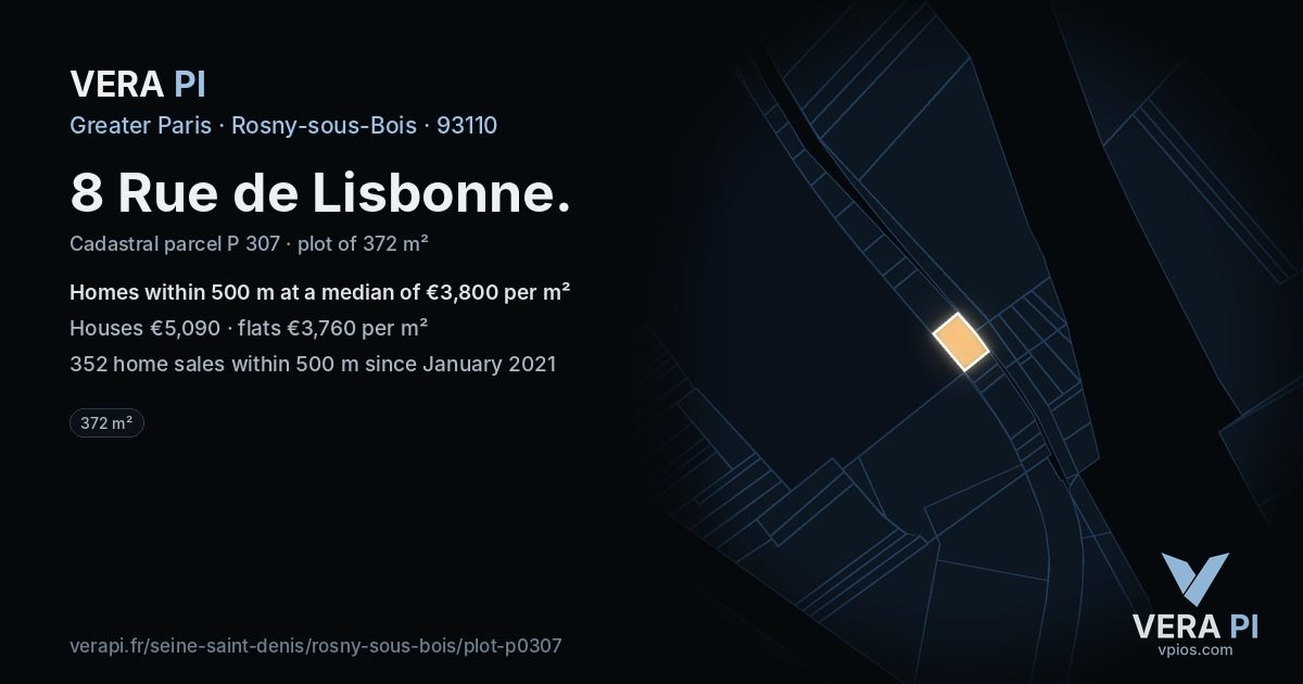 8 Rue de Lisbonne, Rosny-sous-Bois at night – the plot lit, the parcels around coloured by the prices near them