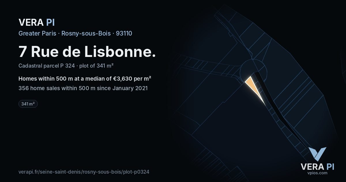 7 Rue de Lisbonne, Rosny-sous-Bois at night – the plot lit, the parcels around coloured by the prices near them