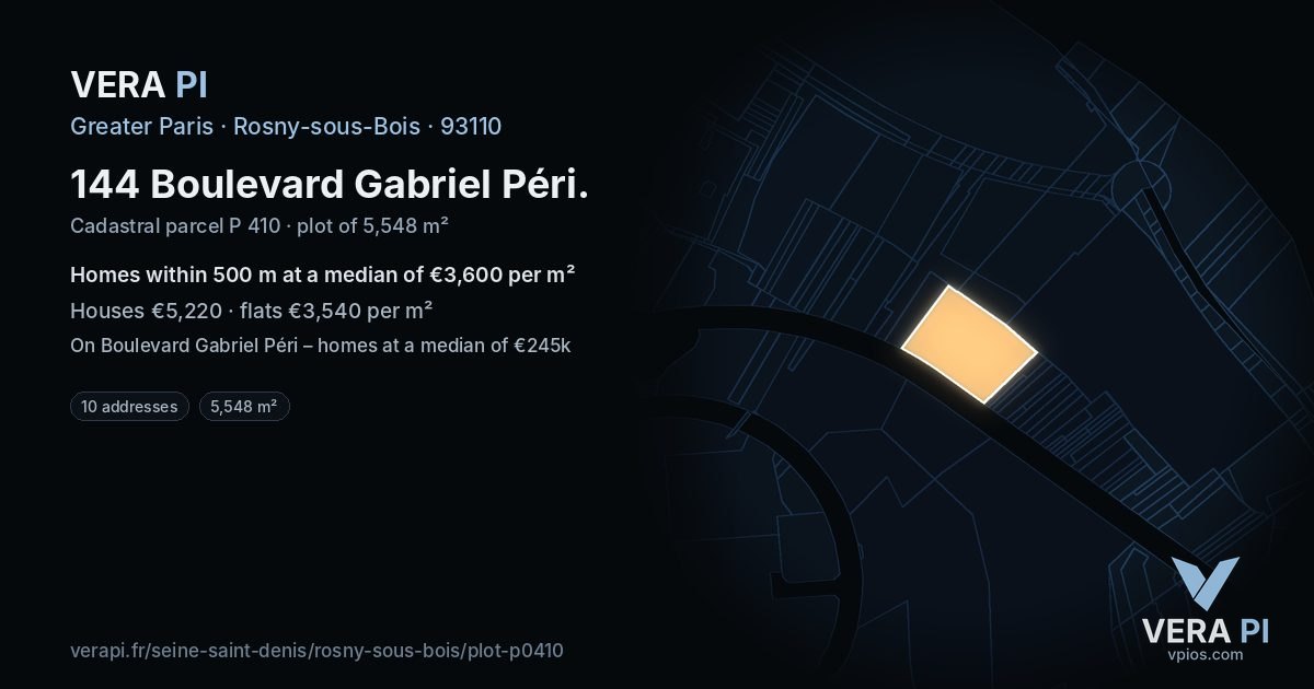 144 Boulevard Gabriel Péri, Rosny-sous-Bois at night – the plot lit, the parcels around coloured by the prices near them