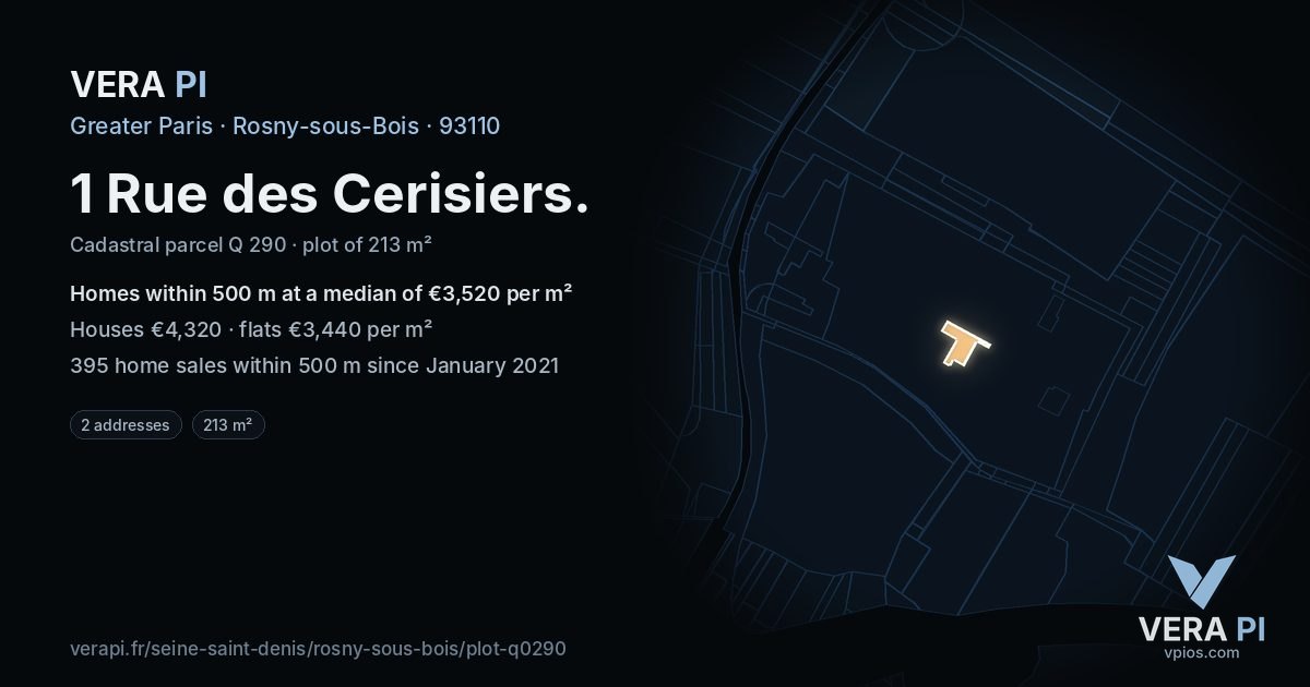 1 Rue des Cerisiers, Rosny-sous-Bois at night – the plot lit, the parcels around coloured by the prices near them
