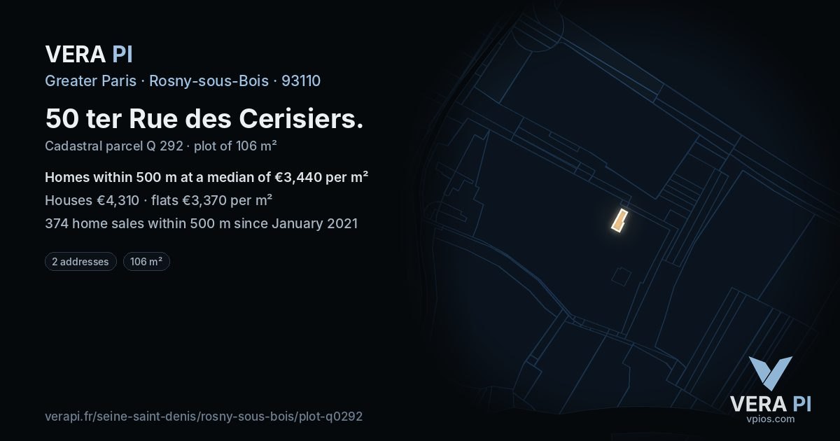 50 ter Rue des Cerisiers, Rosny-sous-Bois at night – the plot lit, the parcels around coloured by the prices near them