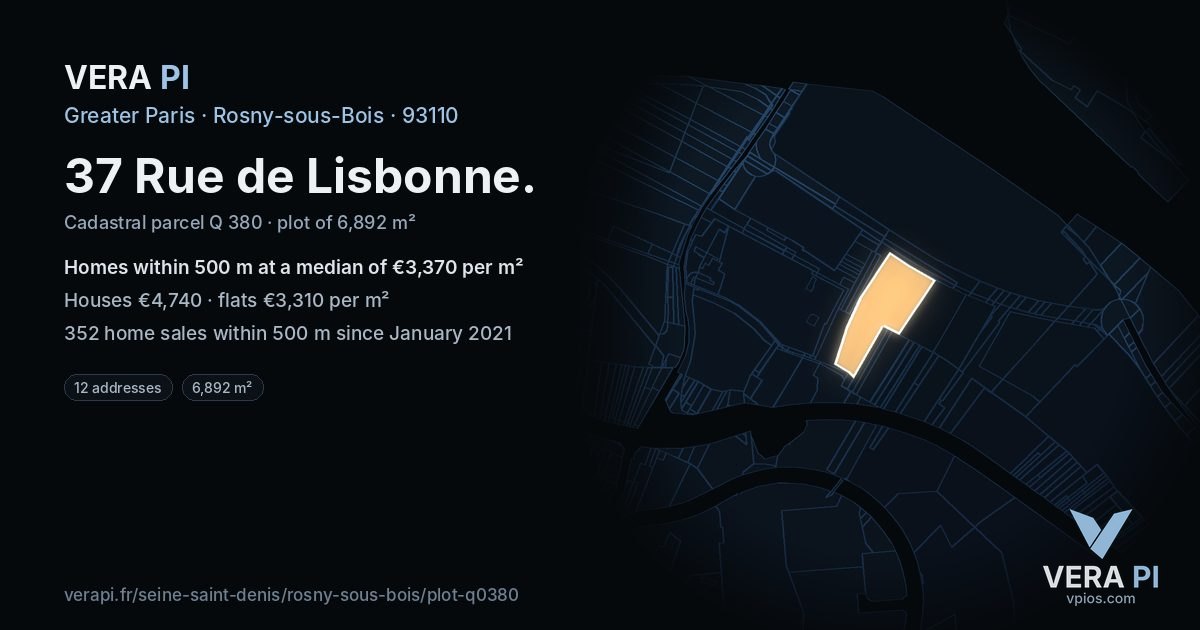 37 Rue de Lisbonne, Rosny-sous-Bois at night – the plot lit, the parcels around coloured by the prices near them