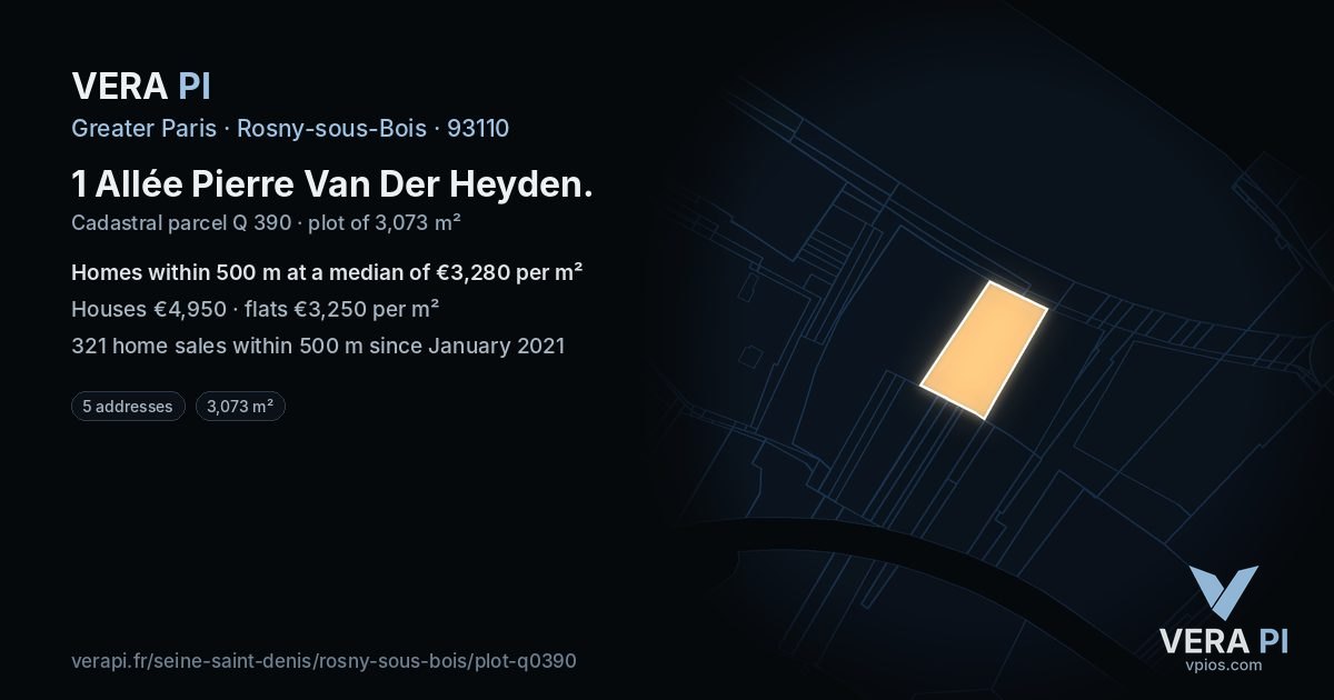 1 Allée Pierre Van Der Heyden, Rosny-sous-Bois at night – the plot lit, the parcels around coloured by the prices near them