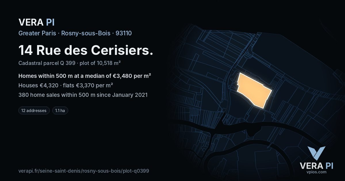 14 Rue des Cerisiers, Rosny-sous-Bois at night – the plot lit, the parcels around coloured by the prices near them