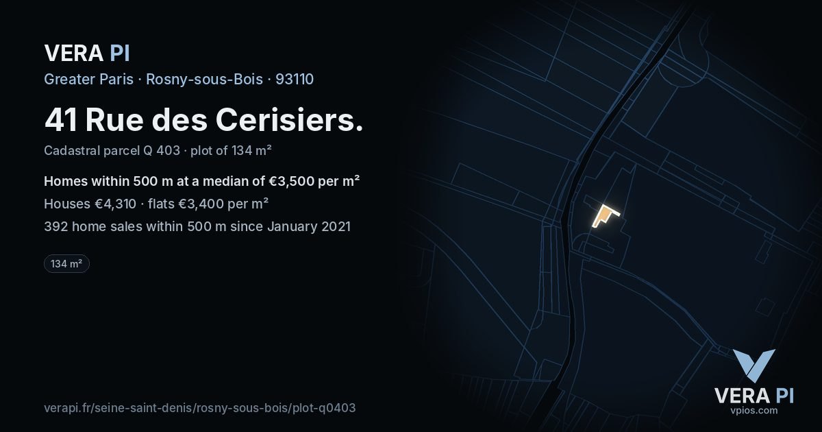 41 Rue des Cerisiers, Rosny-sous-Bois at night – the plot lit, the parcels around coloured by the prices near them