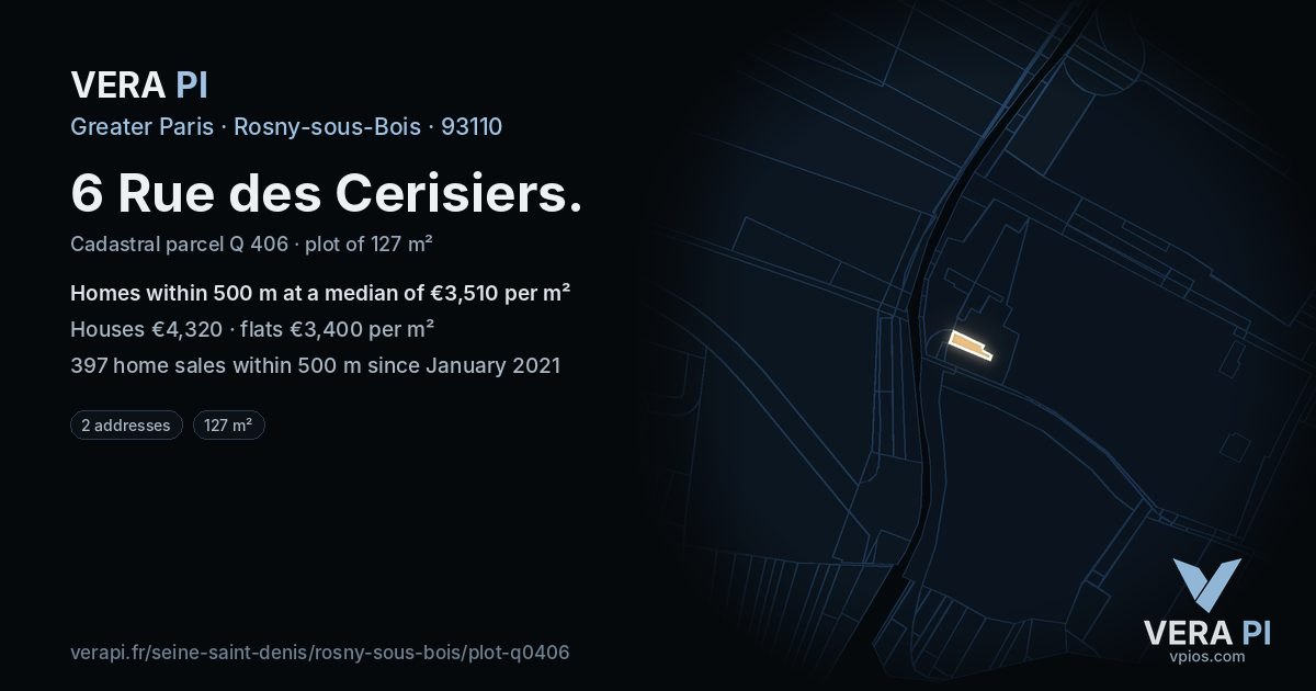 6 Rue des Cerisiers, Rosny-sous-Bois at night – the plot lit, the parcels around coloured by the prices near them