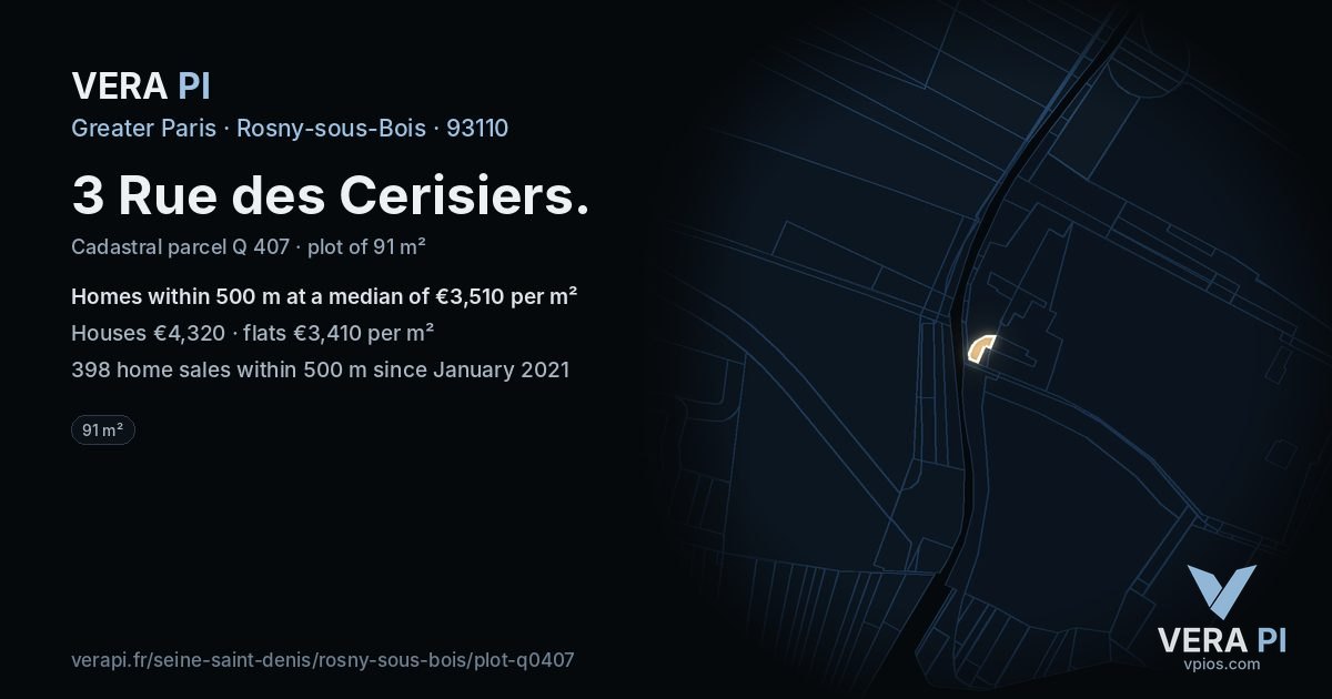 3 Rue des Cerisiers, Rosny-sous-Bois at night – the plot lit, the parcels around coloured by the prices near them