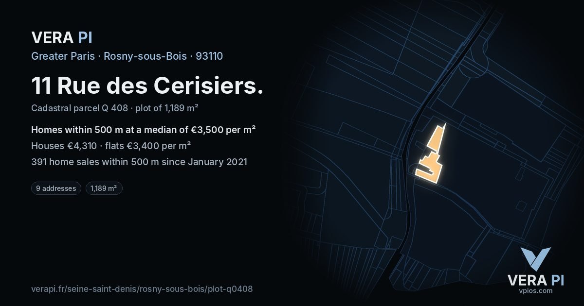 11 Rue des Cerisiers, Rosny-sous-Bois at night – the plot lit, the parcels around coloured by the prices near them