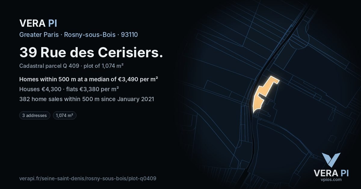 39 Rue des Cerisiers, Rosny-sous-Bois at night – the plot lit, the parcels around coloured by the prices near them
