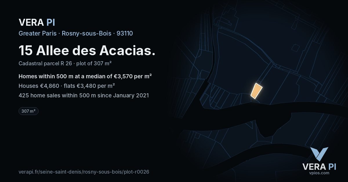 15 Allee des Acacias, Rosny-sous-Bois at night – the plot lit, the parcels around coloured by the prices near them