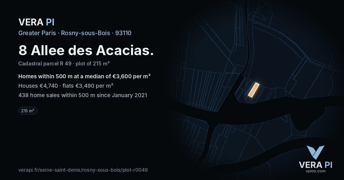 8 Allee des Acacias, Rosny-sous-Bois at night – the plot lit, the parcels around coloured by the prices near them