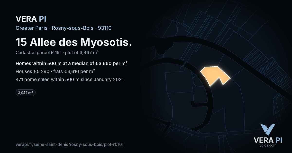 15 Allee des Myosotis, Rosny-sous-Bois at night – the plot lit, the parcels around coloured by the prices near them