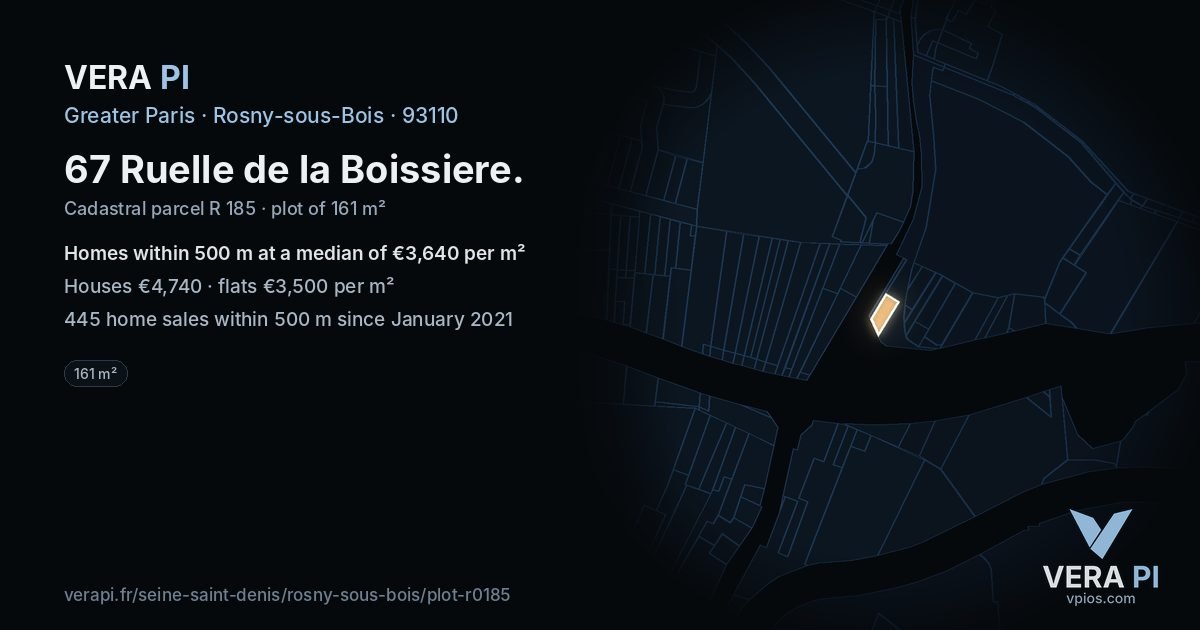 67 Ruelle de la Boissiere, Rosny-sous-Bois at night – the plot lit, the parcels around coloured by the prices near them