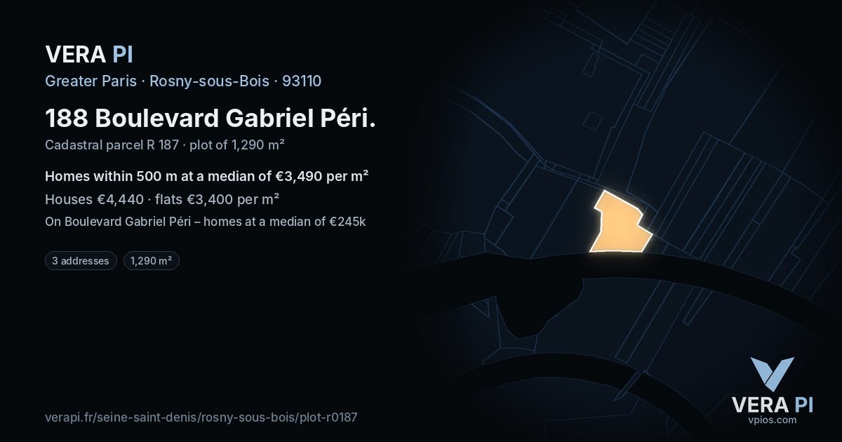 188 Boulevard Gabriel Péri, Rosny-sous-Bois at night – the plot lit, the parcels around coloured by the prices near them
