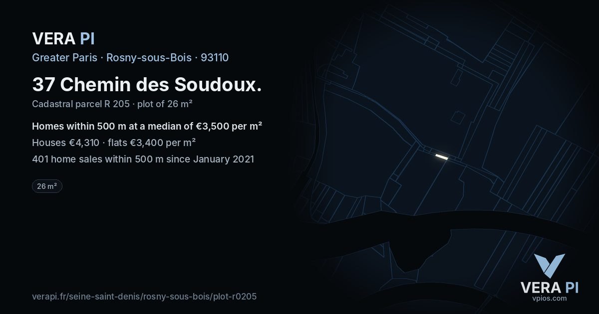 37 Chemin des Soudoux, Rosny-sous-Bois at night – the plot lit, the parcels around coloured by the prices near them